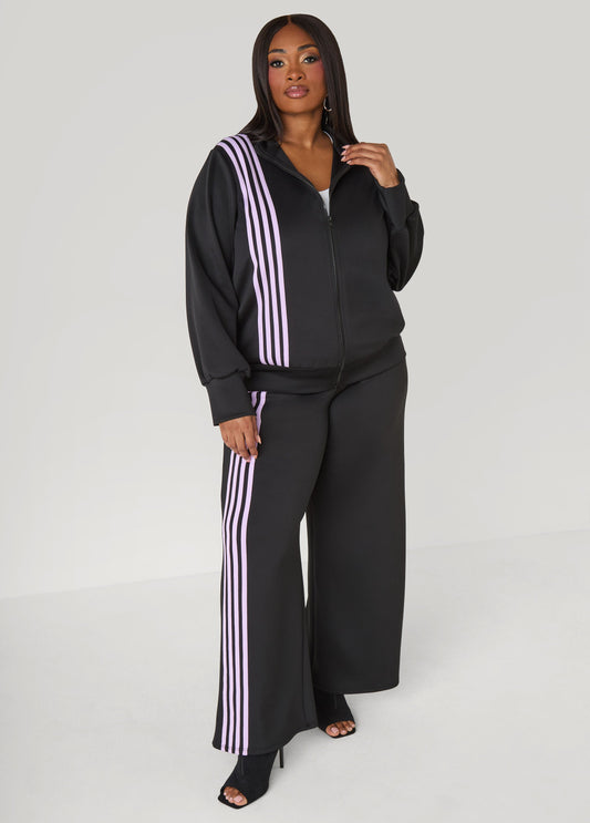 Ashley Stewart Striped Wide Leg Track Pants Black