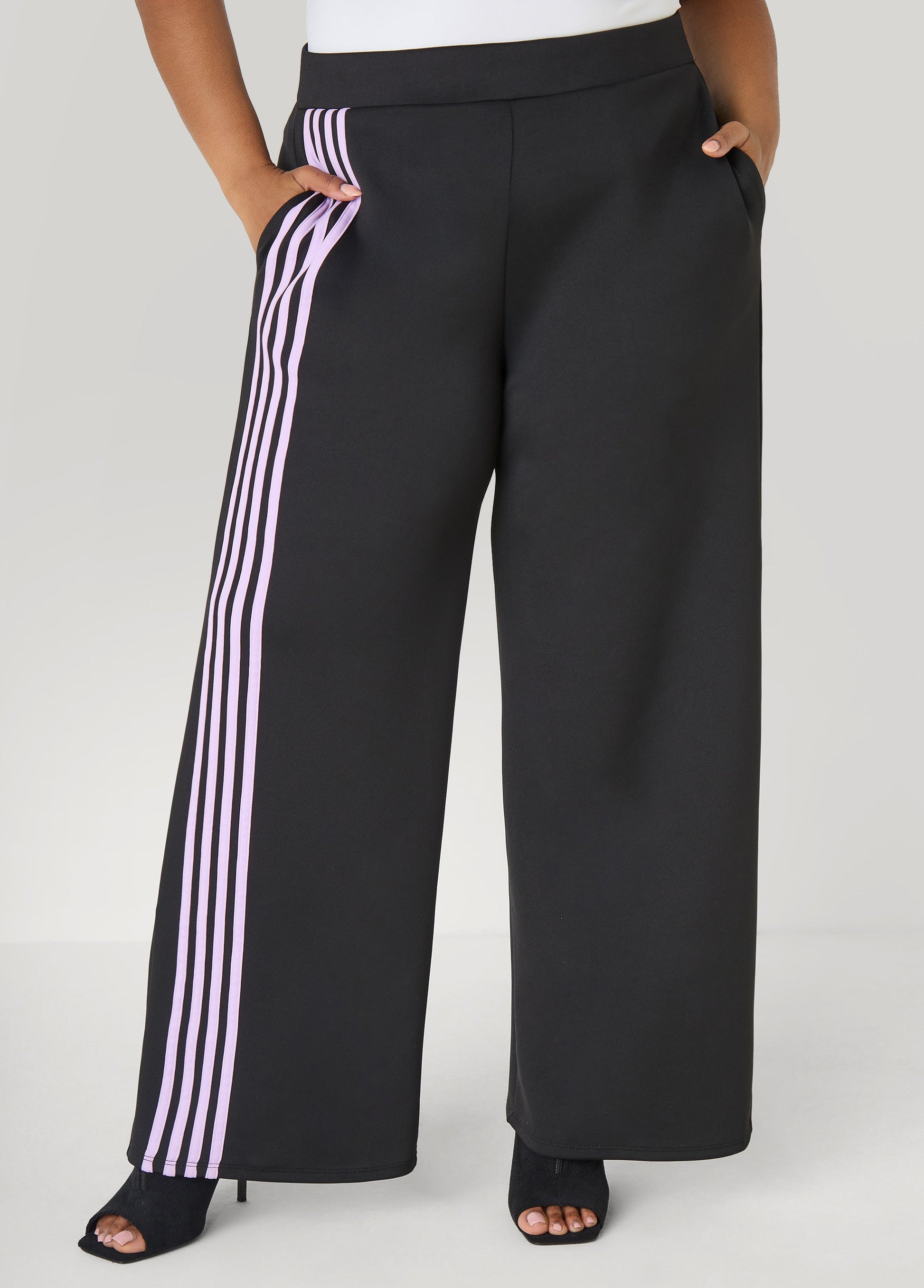 Ashley Stewart Striped Wide Leg Track Pants Black