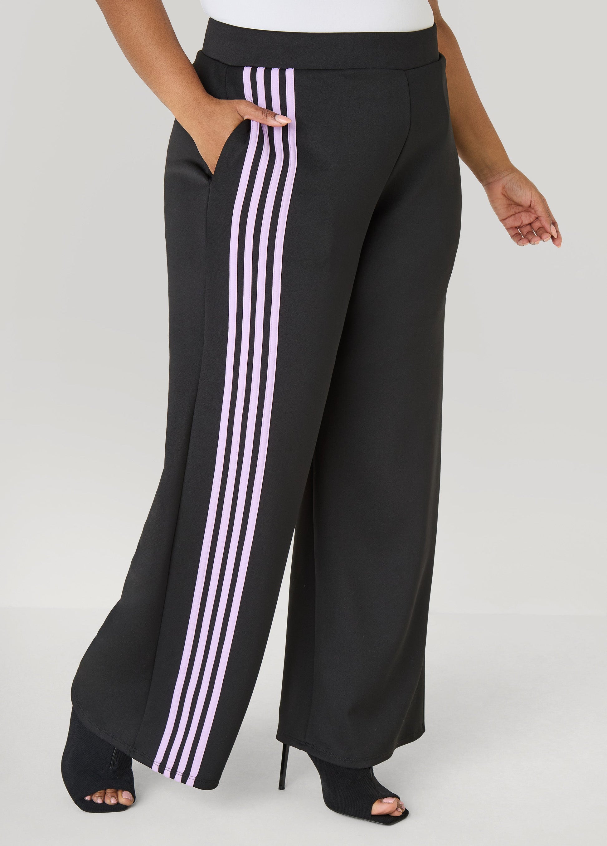 Ashley Stewart Striped Wide Leg Track Pants Black