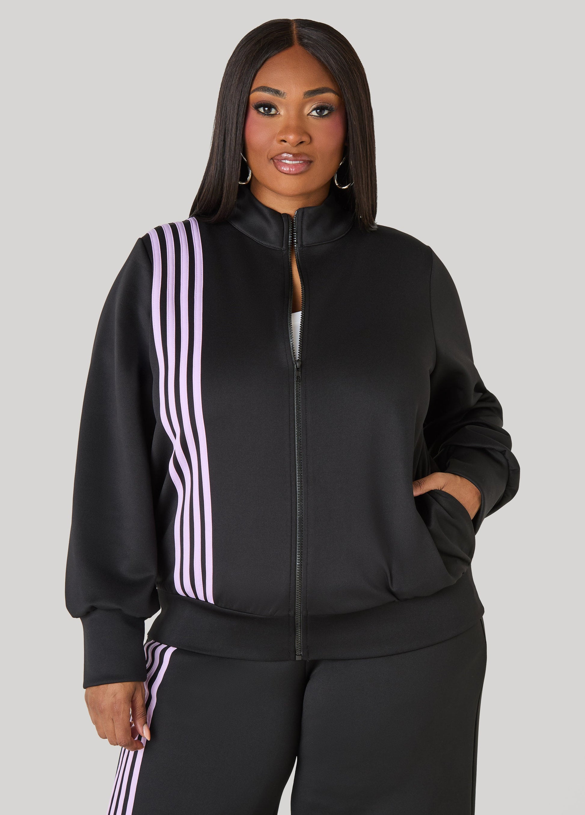 Ashley Stewart Striped Zip Front Track Jacket Black