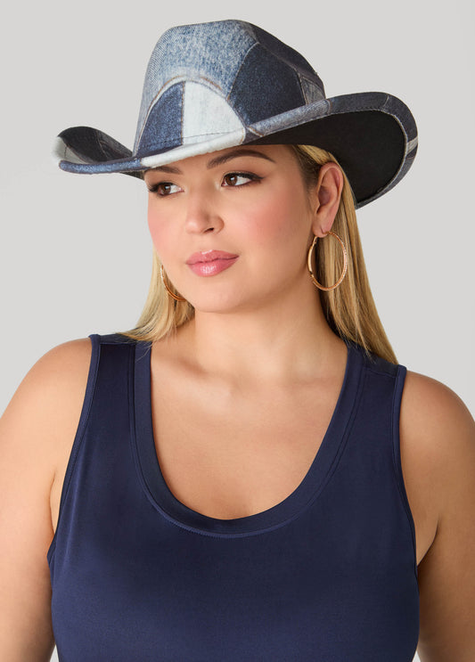 Ashley Stewart Patchwork Denim Print Fedora Denim
