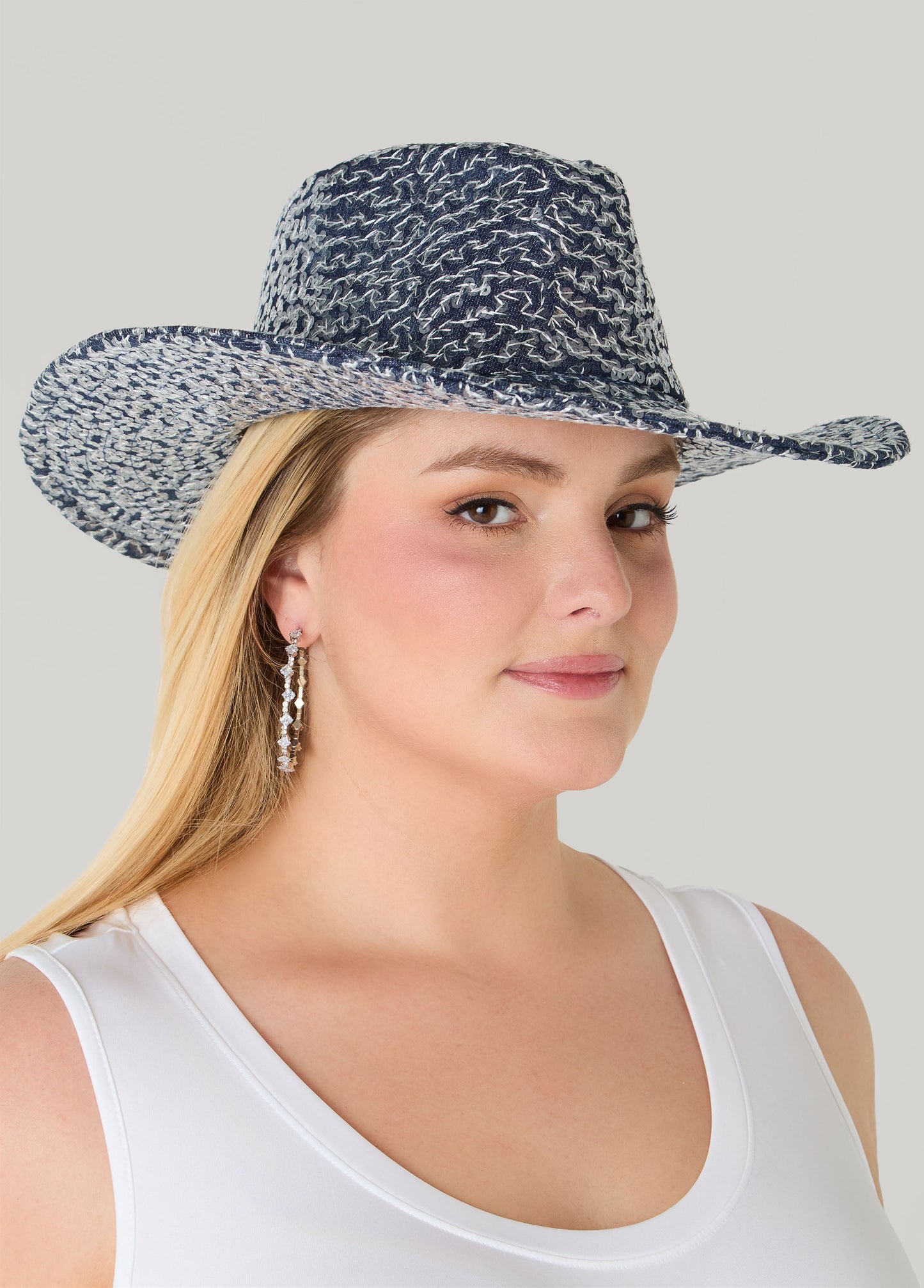 Ashley Stewart Embroidered Sequin Cowboy Hat Blue