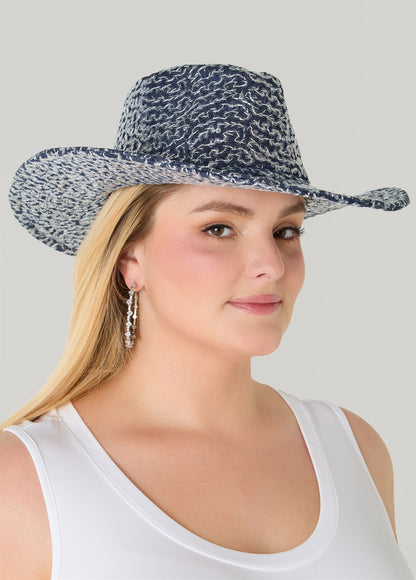 Ashley Stewart Embroidered Sequin Cowboy Hat Blue