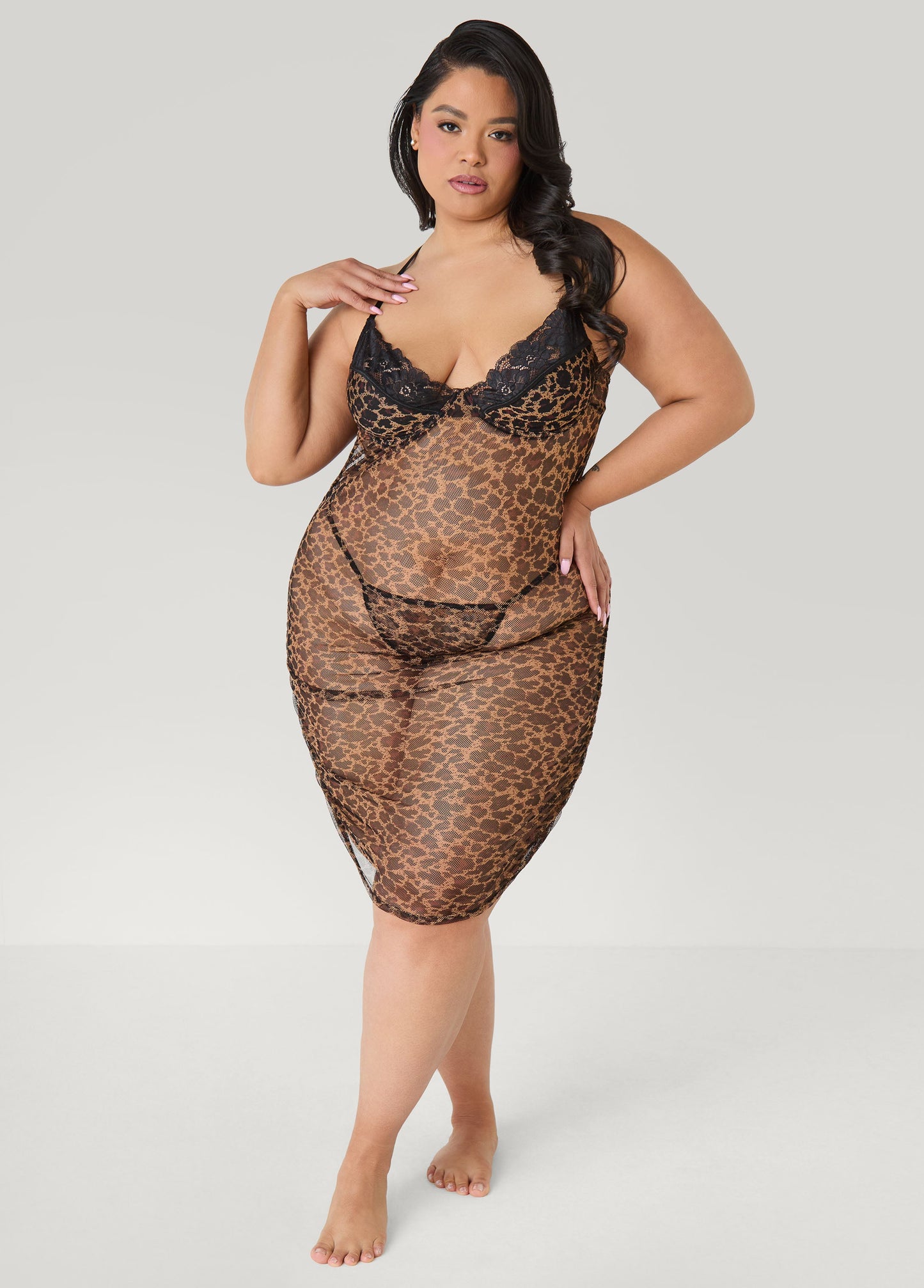 Ashley Stewart Ruched Animal Mesh Chemise Set Brown Animal