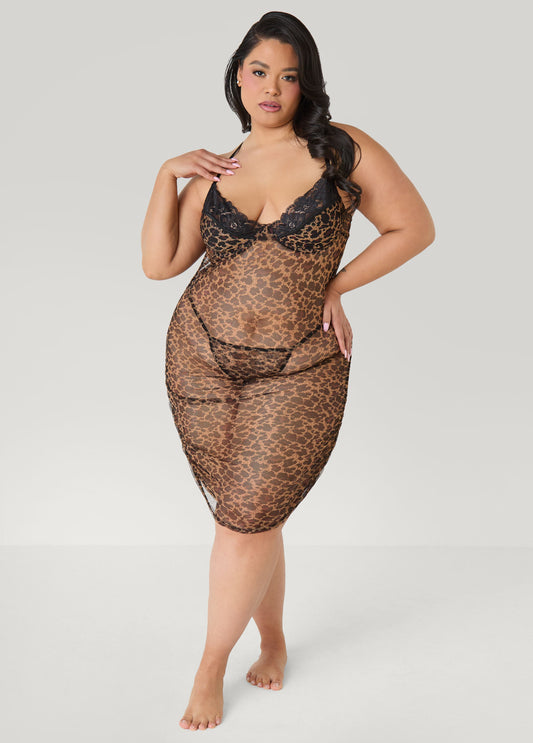 Ashley Stewart Ruched Animal Mesh Chemise Set Brown Animal