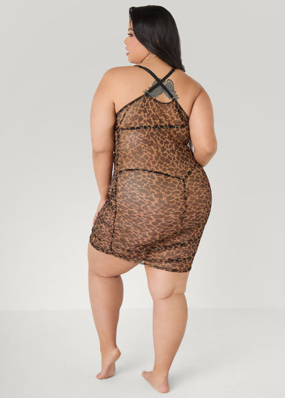 Ashley Stewart Ruched Animal Mesh Chemise Set Brown Animal