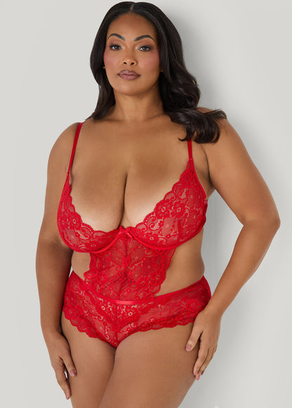Ashley Stewart Crotchless Lace Bodysuit Red