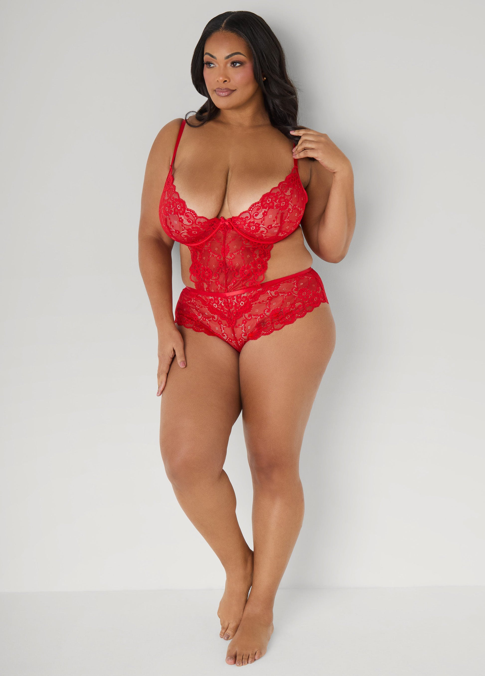 Ashley Stewart Crotchless Lace Bodysuit Red