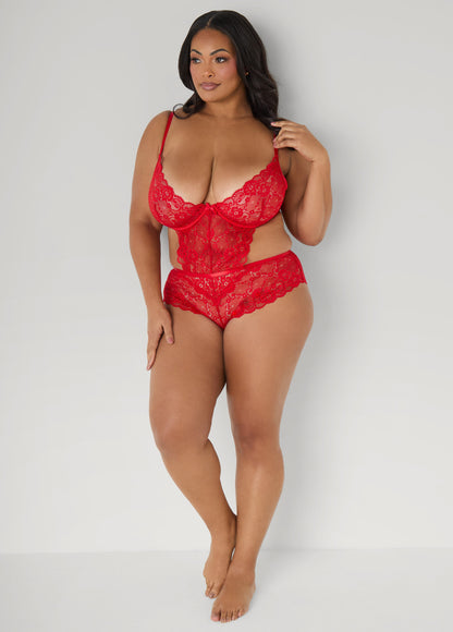Ashley Stewart Crotchless Lace Bodysuit Red