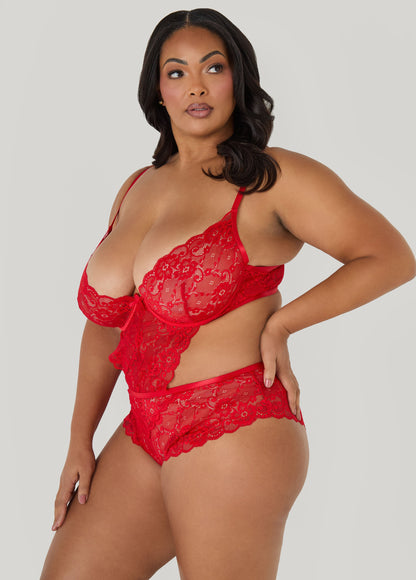 Ashley Stewart Crotchless Lace Bodysuit Red
