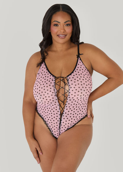 Ashley Stewart Heart Print Crotchless Bodysuit Pink