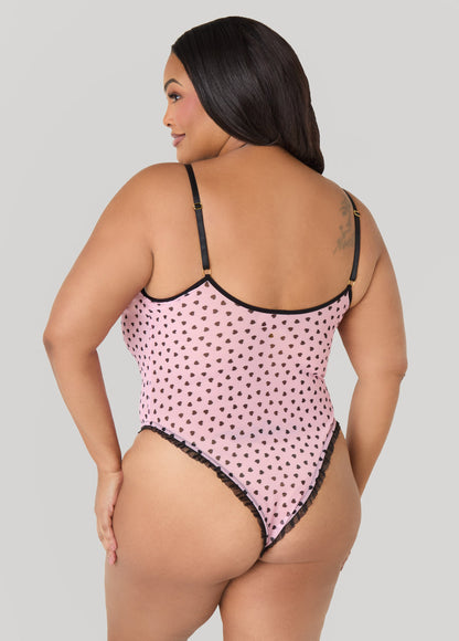 Ashley Stewart Heart Print Crotchless Bodysuit Pink