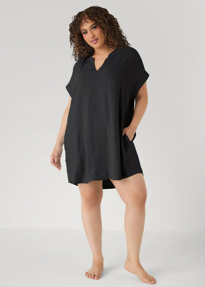 Ashley Stewart V Neck Textured Sleepshirt Black