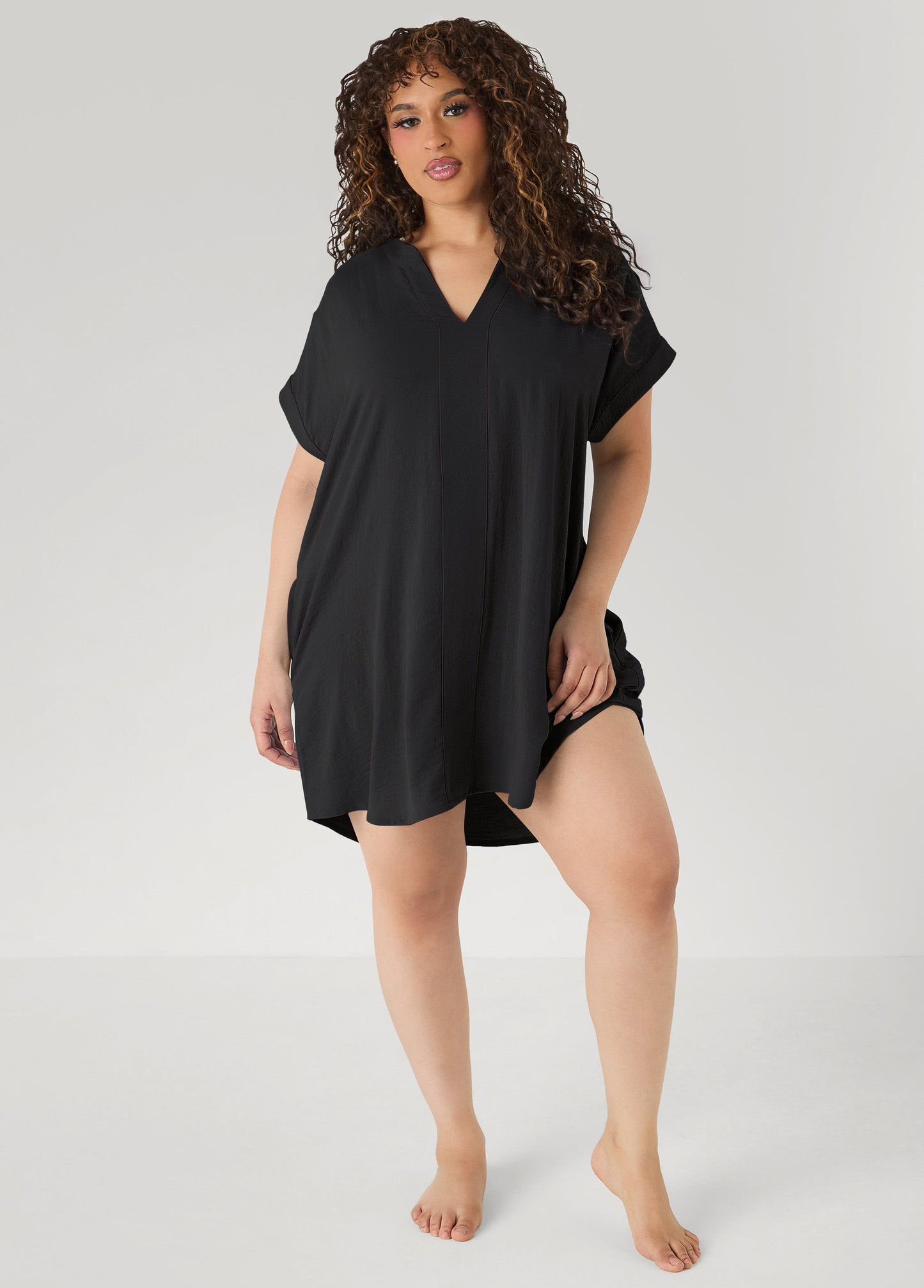 Ashley Stewart V Neck Textured Sleepshirt Black
