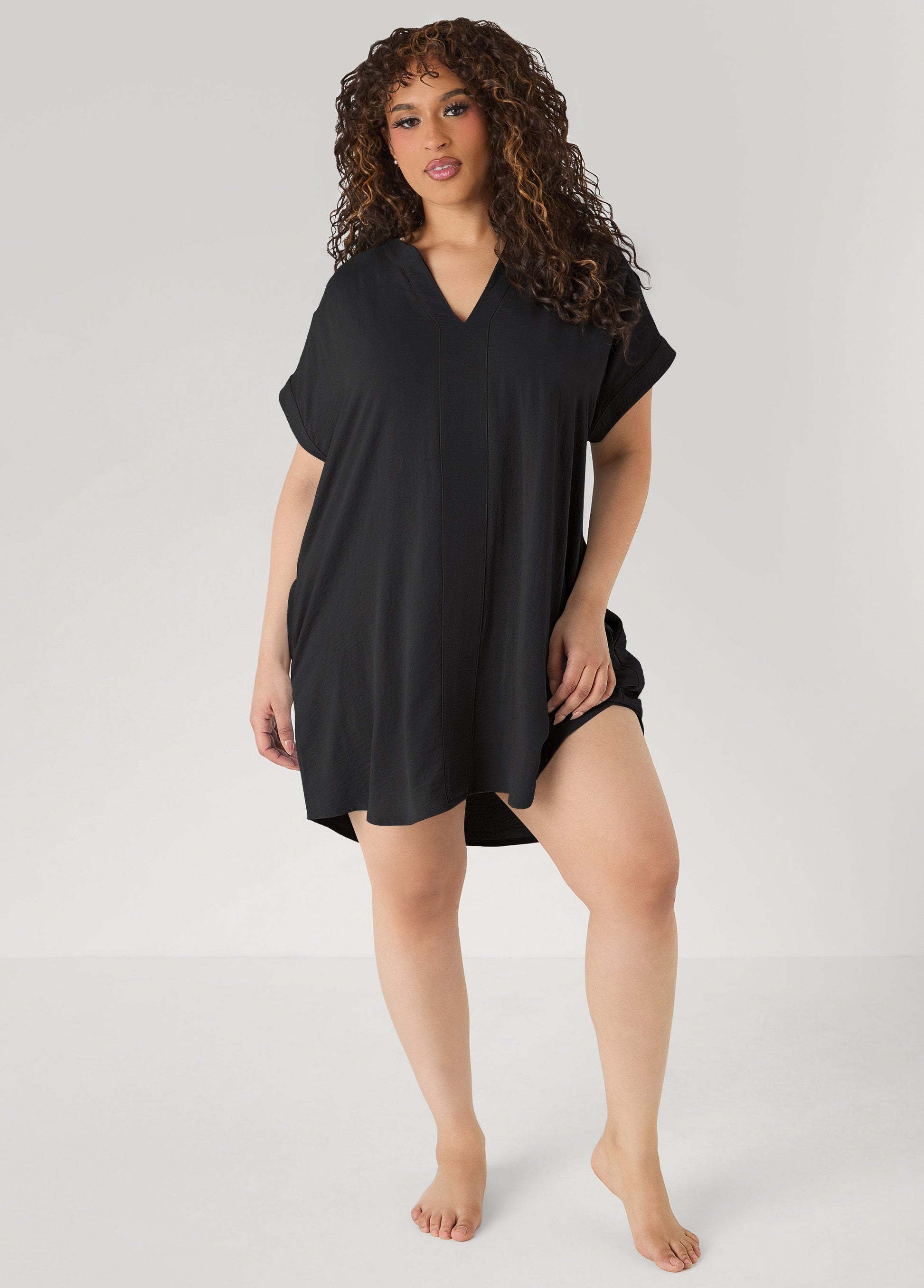 Ashley Stewart V Neck Textured Sleepshirt Black