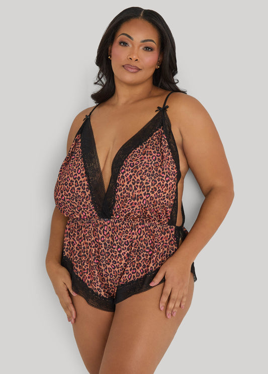 Ashley Stewart Leopard Print Lingerie Romper Brown Animal