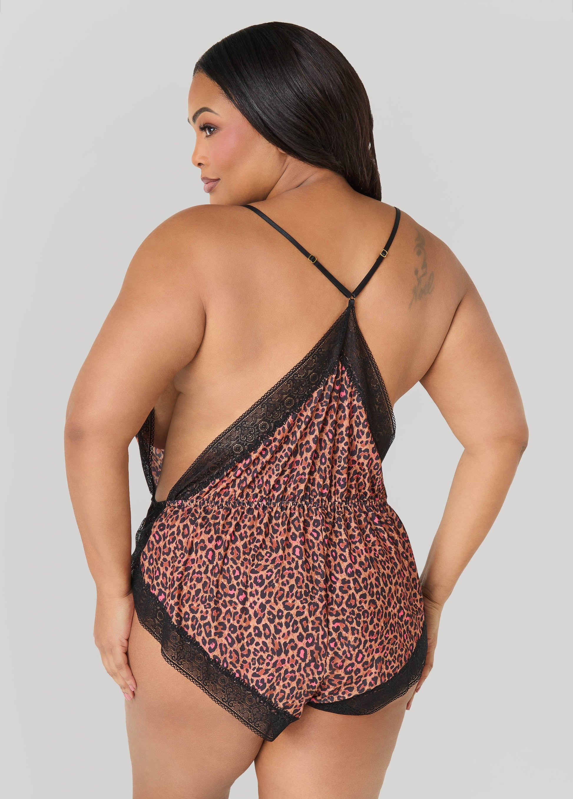 Ashley Stewart Leopard Print Lingerie Romper Brown Animal