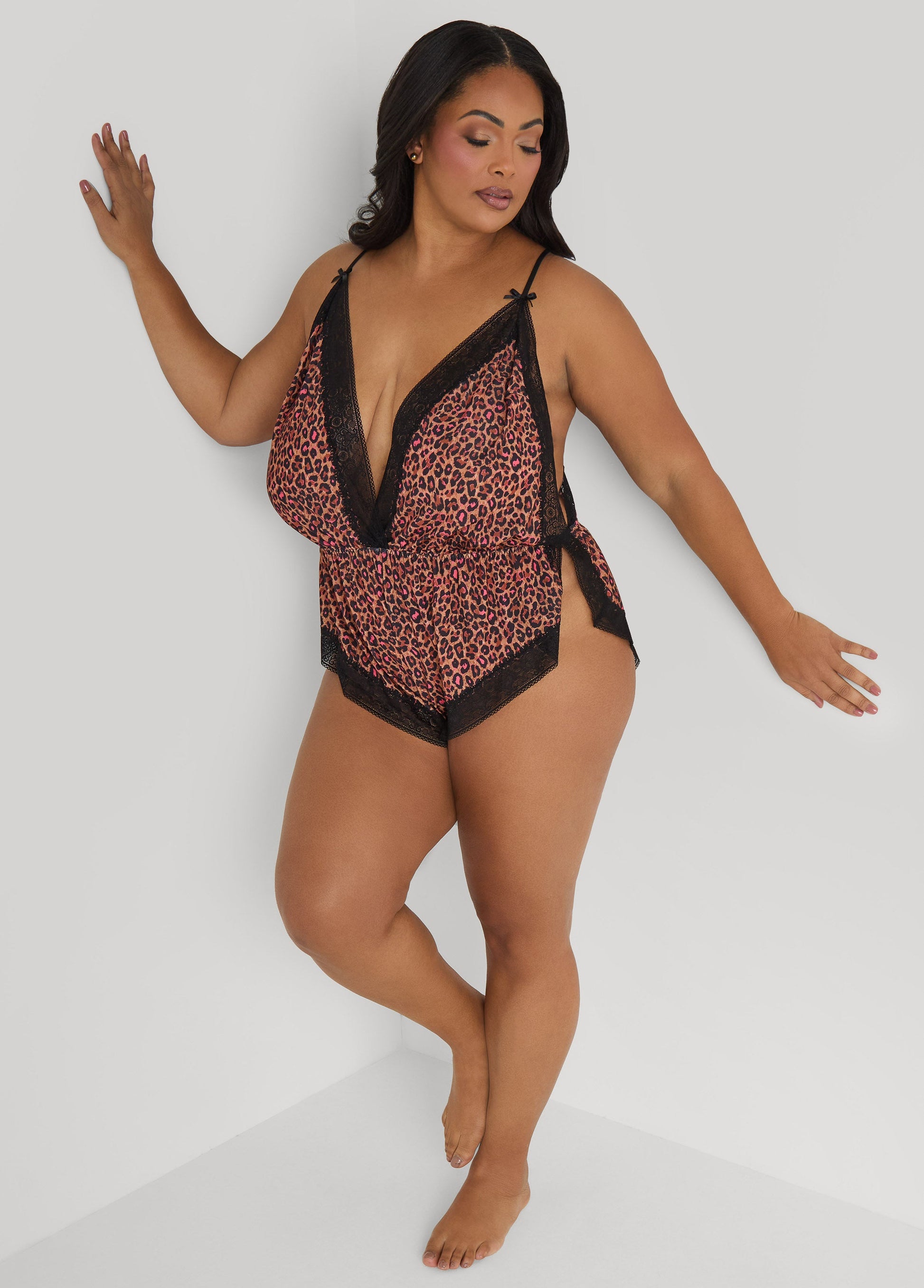 Ashley Stewart Leopard Print Lingerie Romper Brown Animal