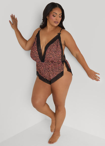 Ashley Stewart Leopard Print Lingerie Romper Brown Animal