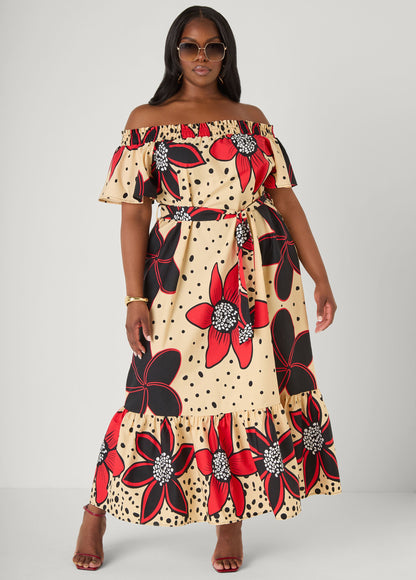 Ashley Stewart Off The Shoulder Floral Maxi Dress Black Combo