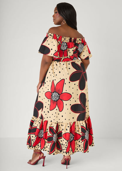 Ashley Stewart Off The Shoulder Floral Maxi Dress Black Combo