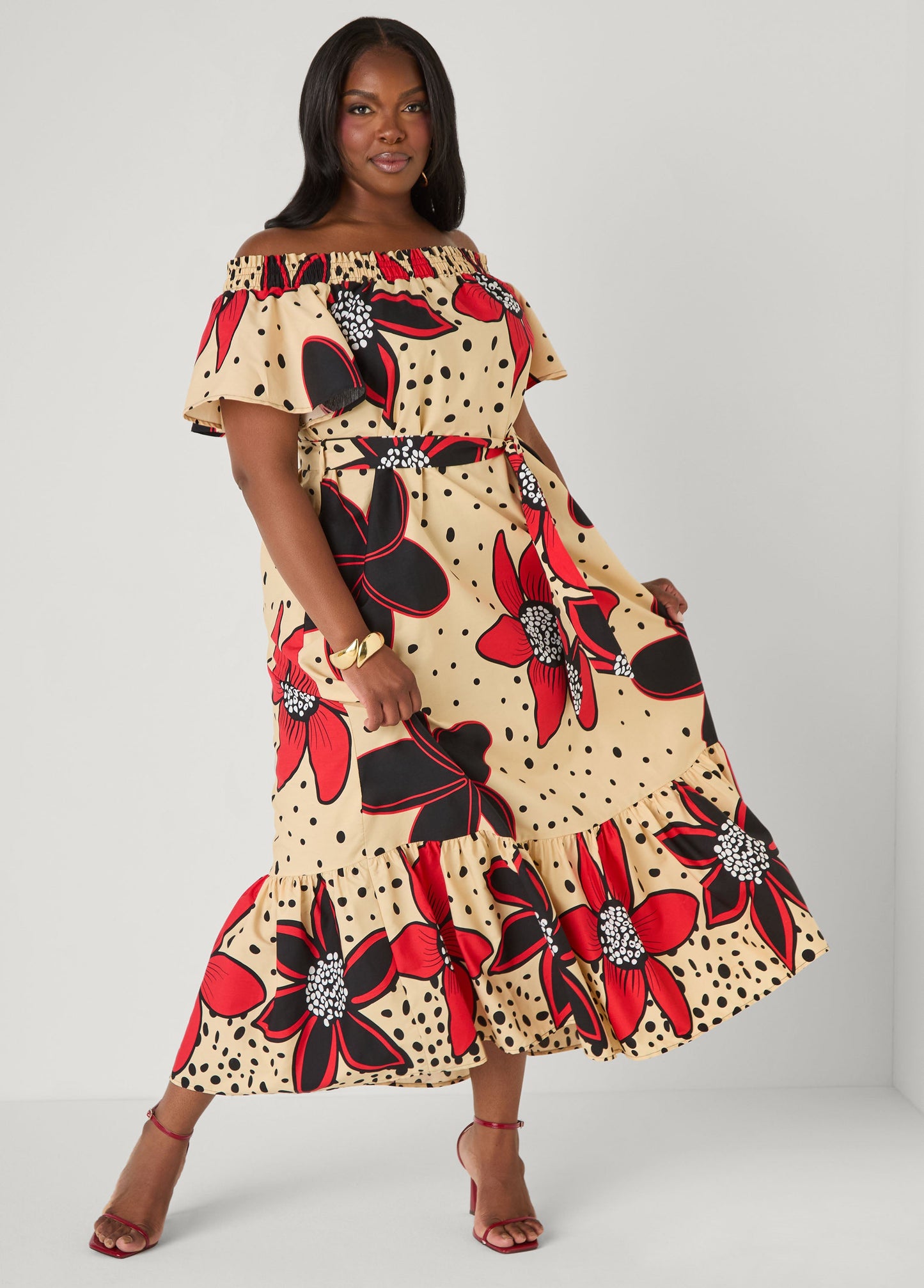 Ashley Stewart Off The Shoulder Floral Maxi Dress Black Combo