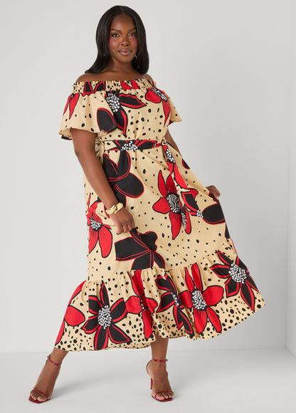 Ashley Stewart Off The Shoulder Floral Maxi Dress Black Combo