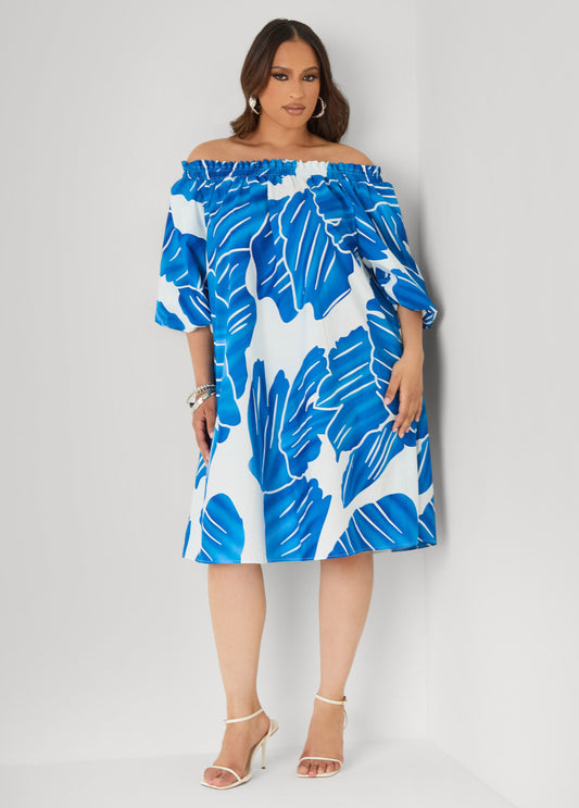 Ashley Stewart Off The Shoulder Leaf Print Dress Victoria Blue