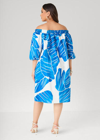 Ashley Stewart Off The Shoulder Leaf Print Dress Victoria Blue