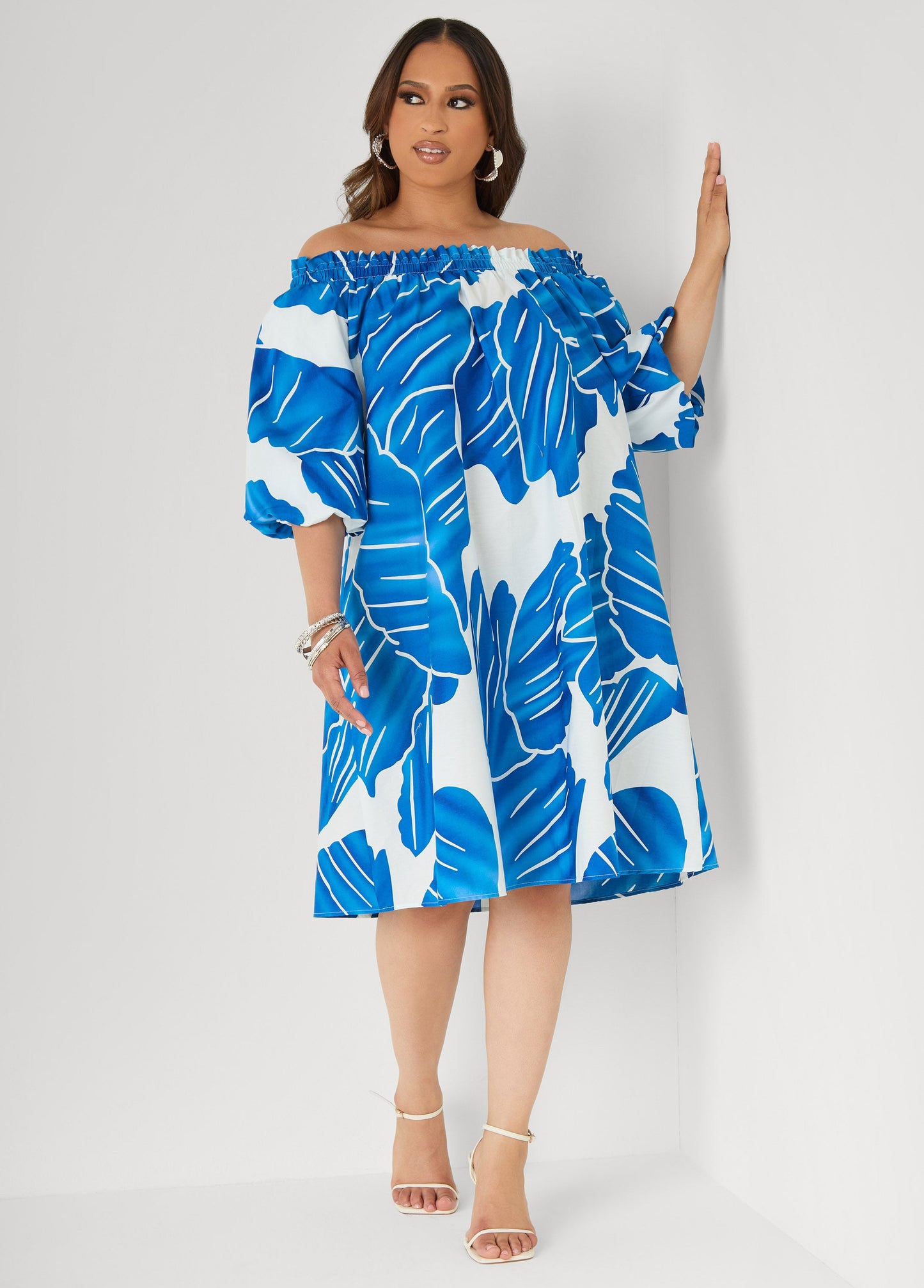 Ashley Stewart Off The Shoulder Leaf Print Dress Victoria Blue