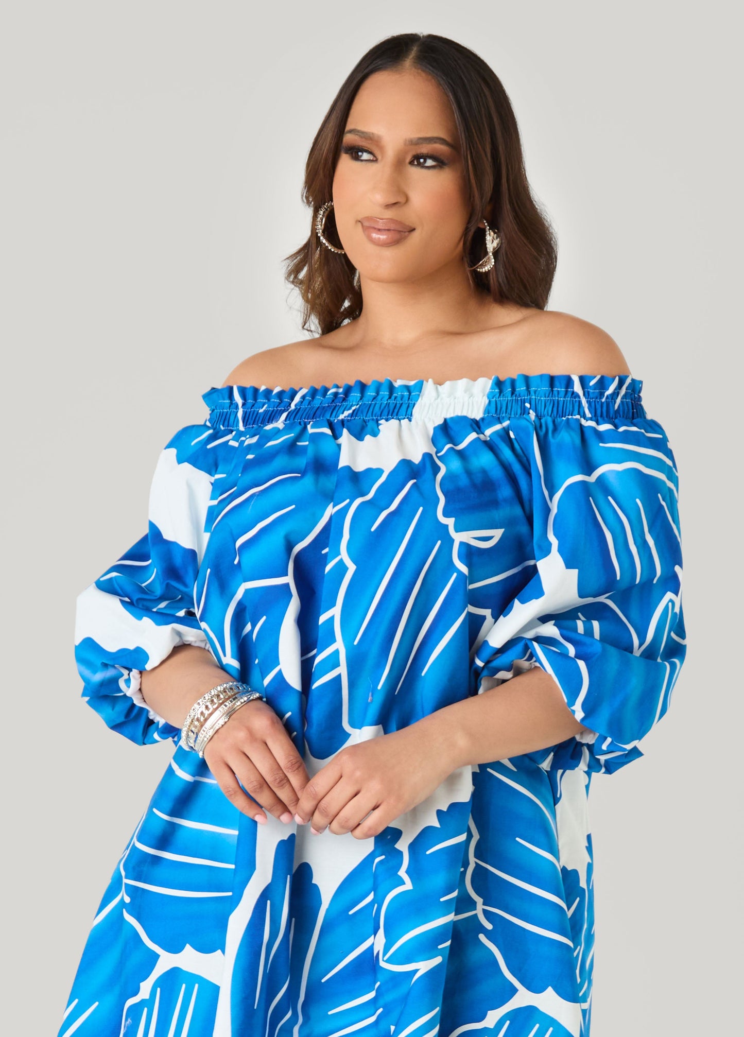Ashley Stewart Off The Shoulder Leaf Print Dress Victoria Blue