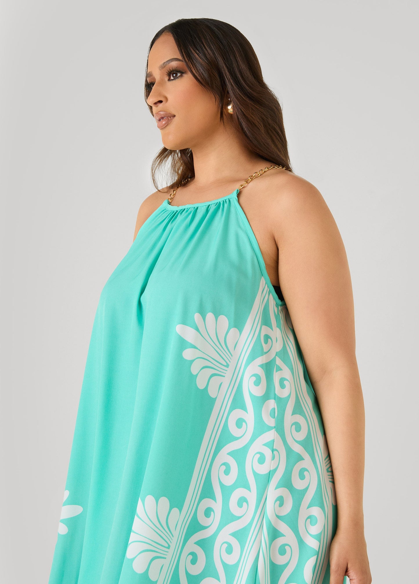 Ashley Stewart Chain Trimmed Scroll Print Dress LT DENIM