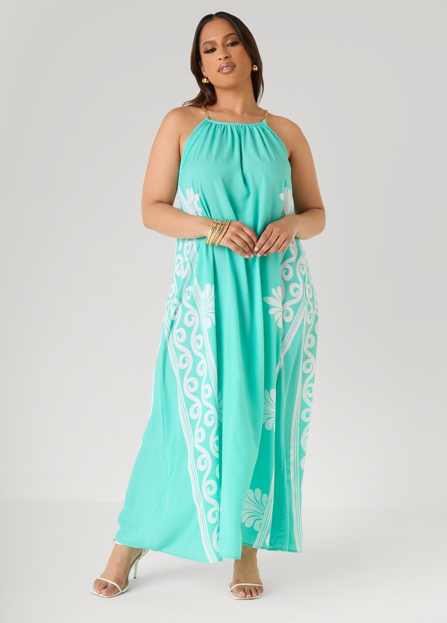 Ashley Stewart Chain Trimmed Scroll Print Dress LT DENIM