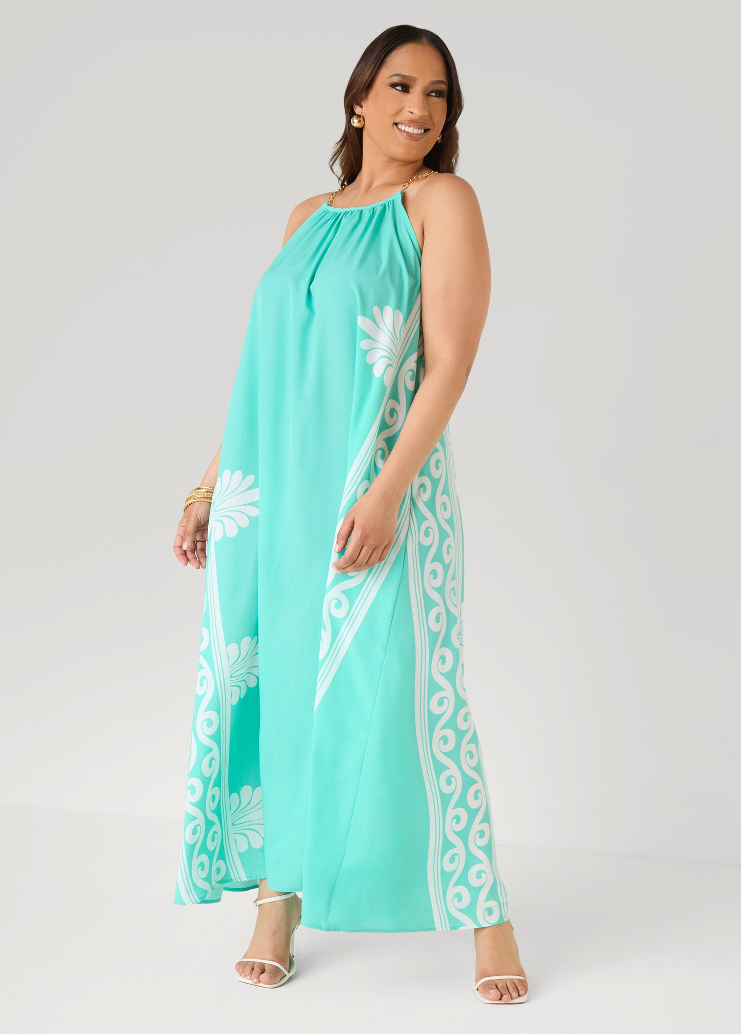 Ashley Stewart Chain Trimmed Scroll Print Dress LT DENIM
