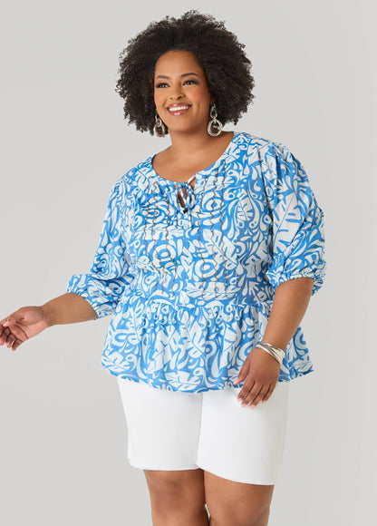 Ashley Stewart Beaded Leaf Print Peplum Blouse Victoria Blue