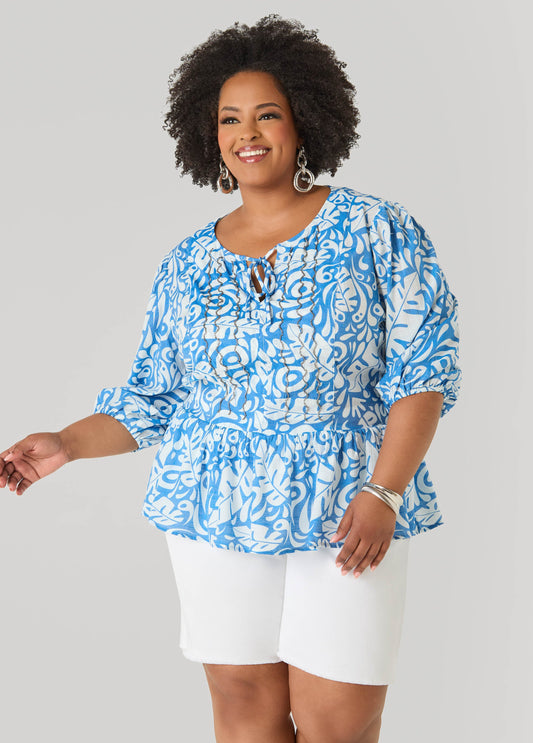 Ashley Stewart Beaded Leaf Print Peplum Blouse Victoria Blue