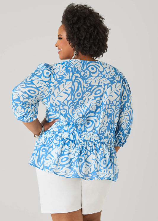 Ashley Stewart Beaded Leaf Print Peplum Blouse Victoria Blue