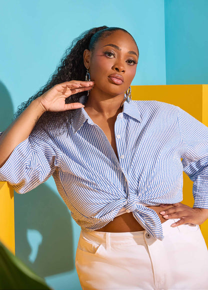 Ashley Stewart Seersucker Cotton Shirt Blue