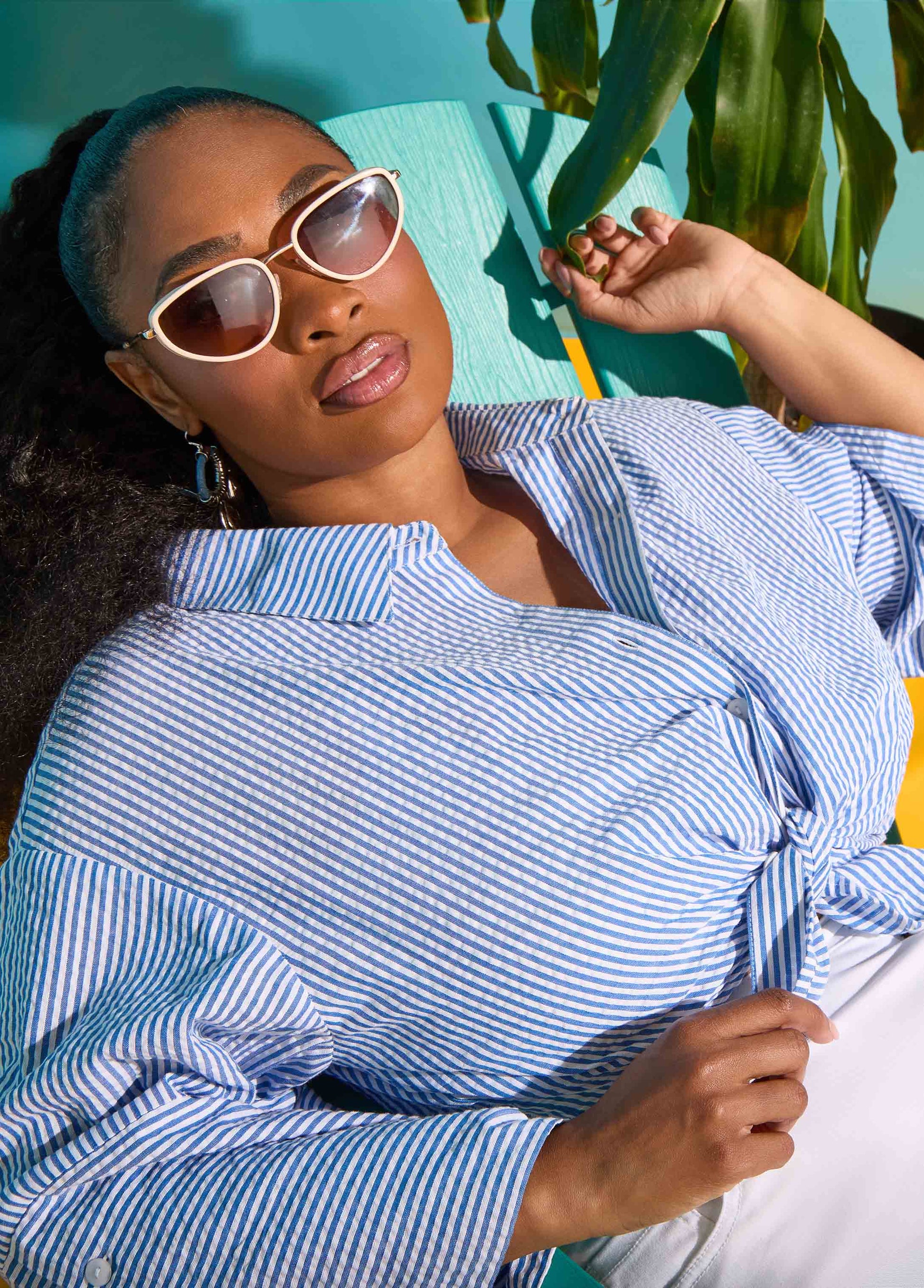 Ashley Stewart Seersucker Cotton Shirt Blue