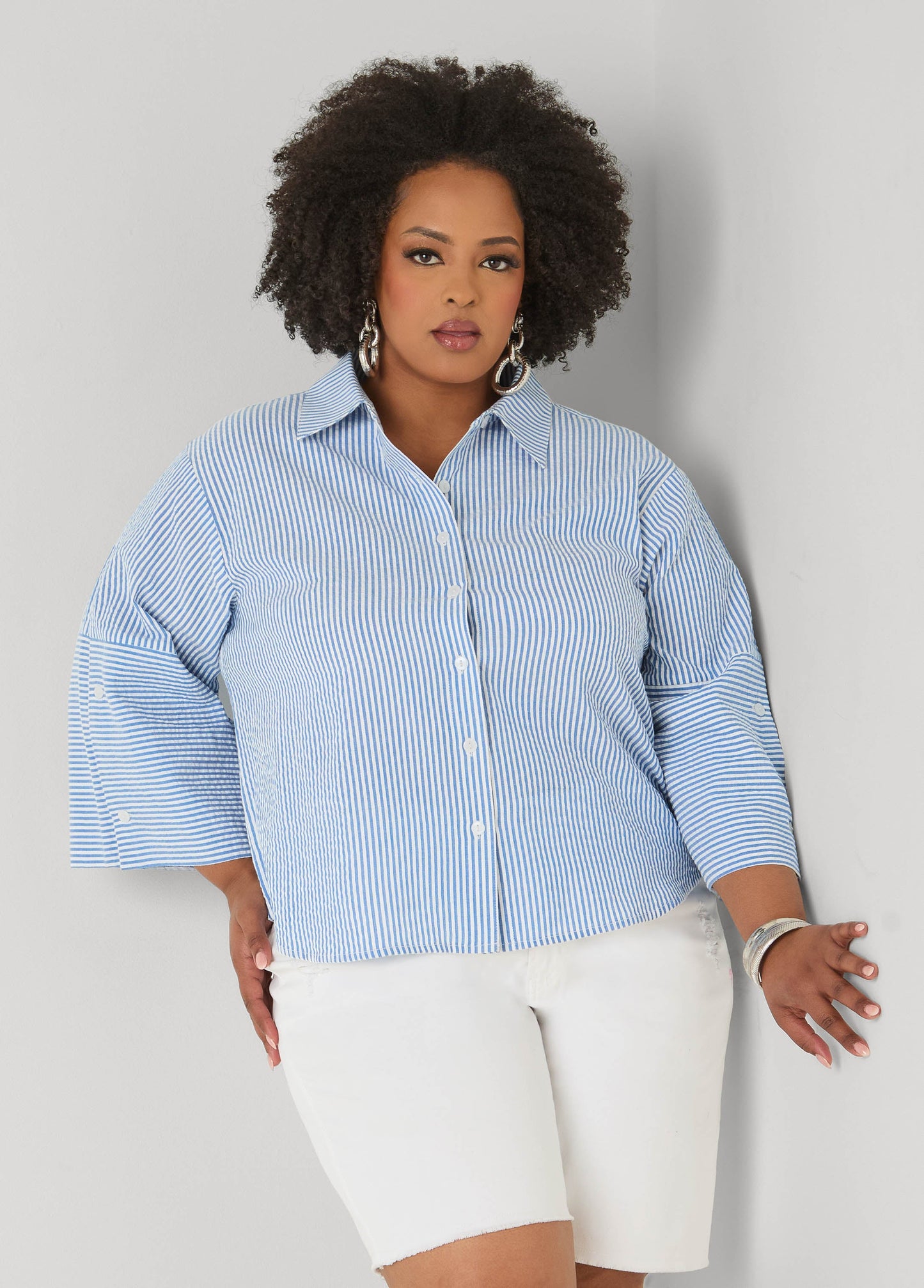 Ashley Stewart Seersucker Cotton Shirt Blue