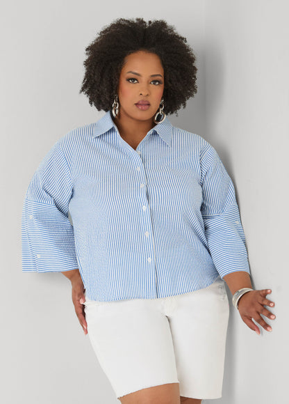Ashley Stewart Seersucker Cotton Shirt Blue