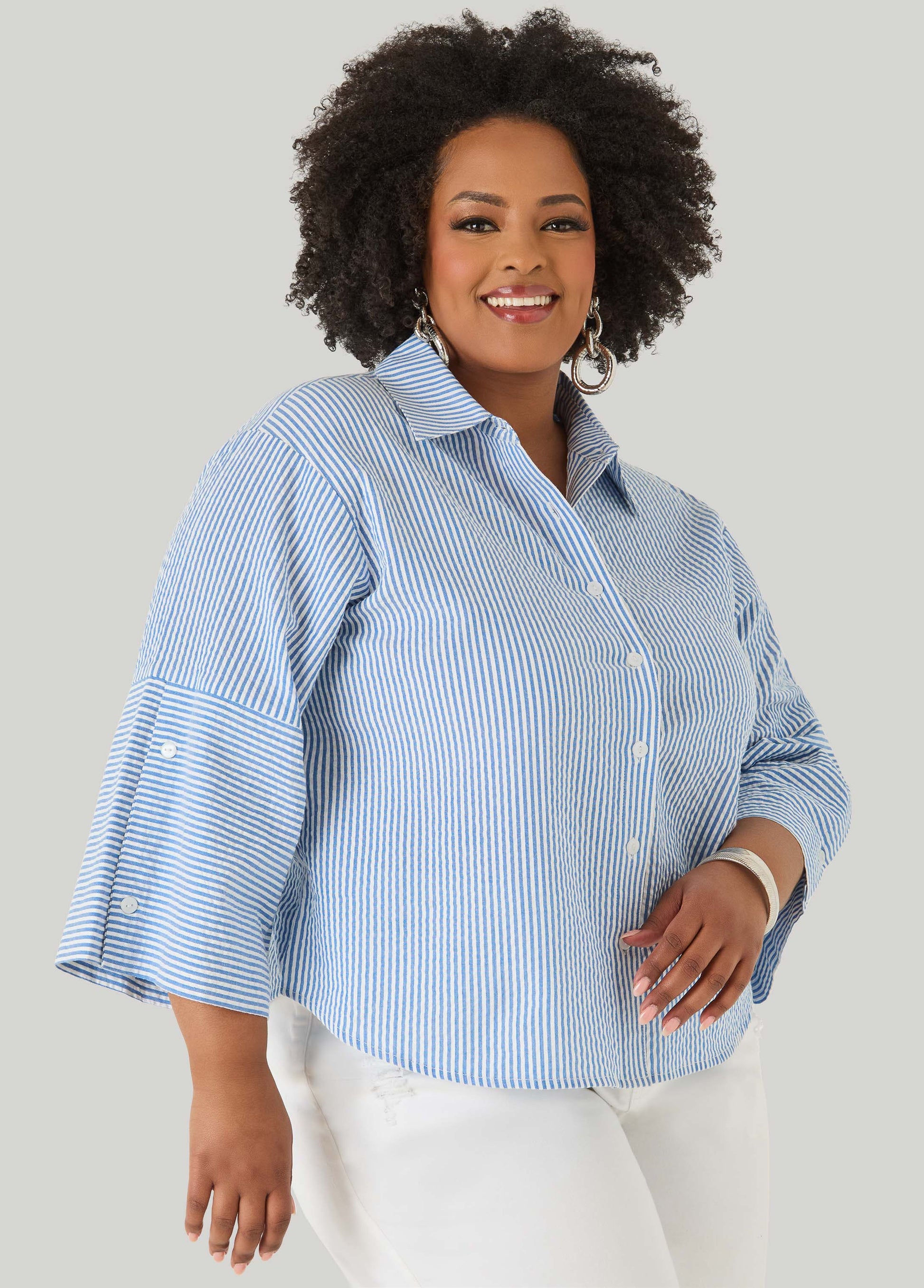Ashley Stewart Seersucker Cotton Shirt Blue