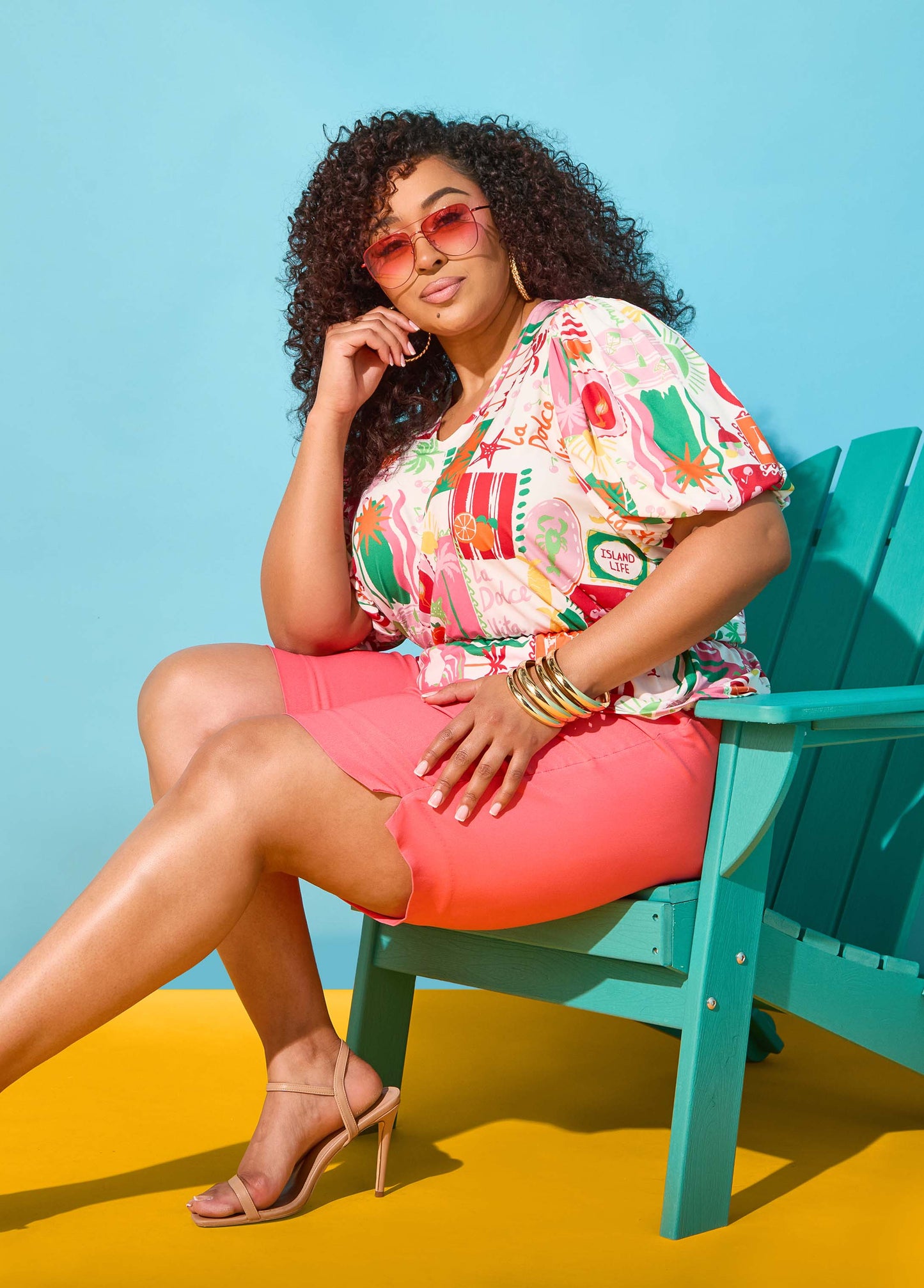 Ashley Stewart Island Print Bubble Sleeve Top Multi