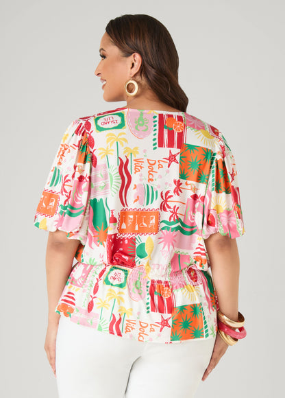 Ashley Stewart Island Print Bubble Sleeve Top Multi