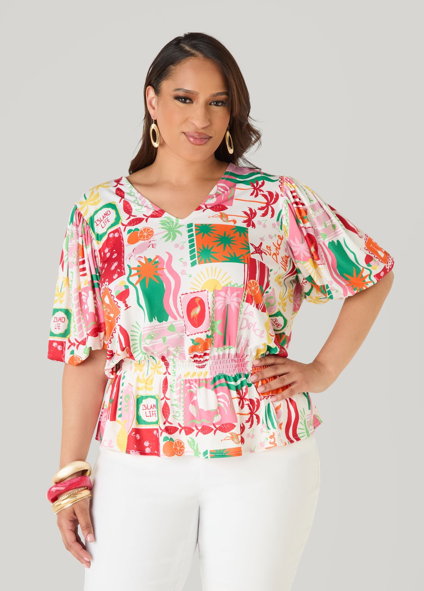 Ashley Stewart Island Print Bubble Sleeve Top Multi