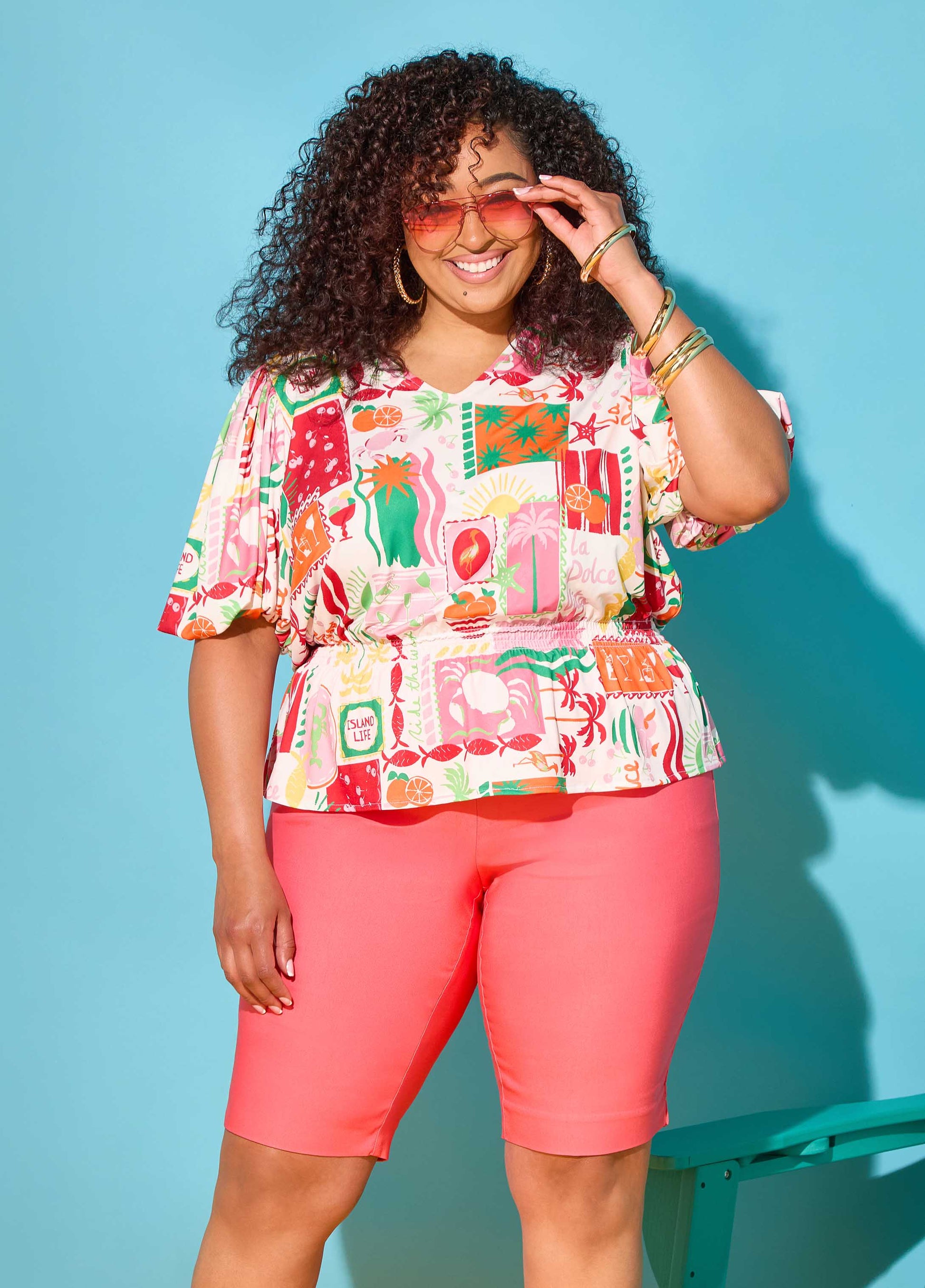 Ashley Stewart Island Print Bubble Sleeve Top Multi