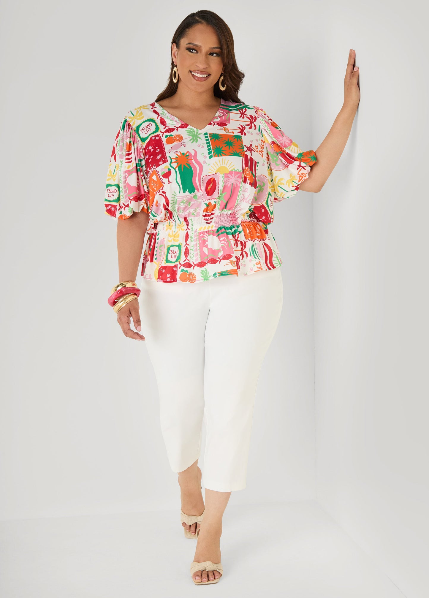 Ashley Stewart Island Print Bubble Sleeve Top Multi