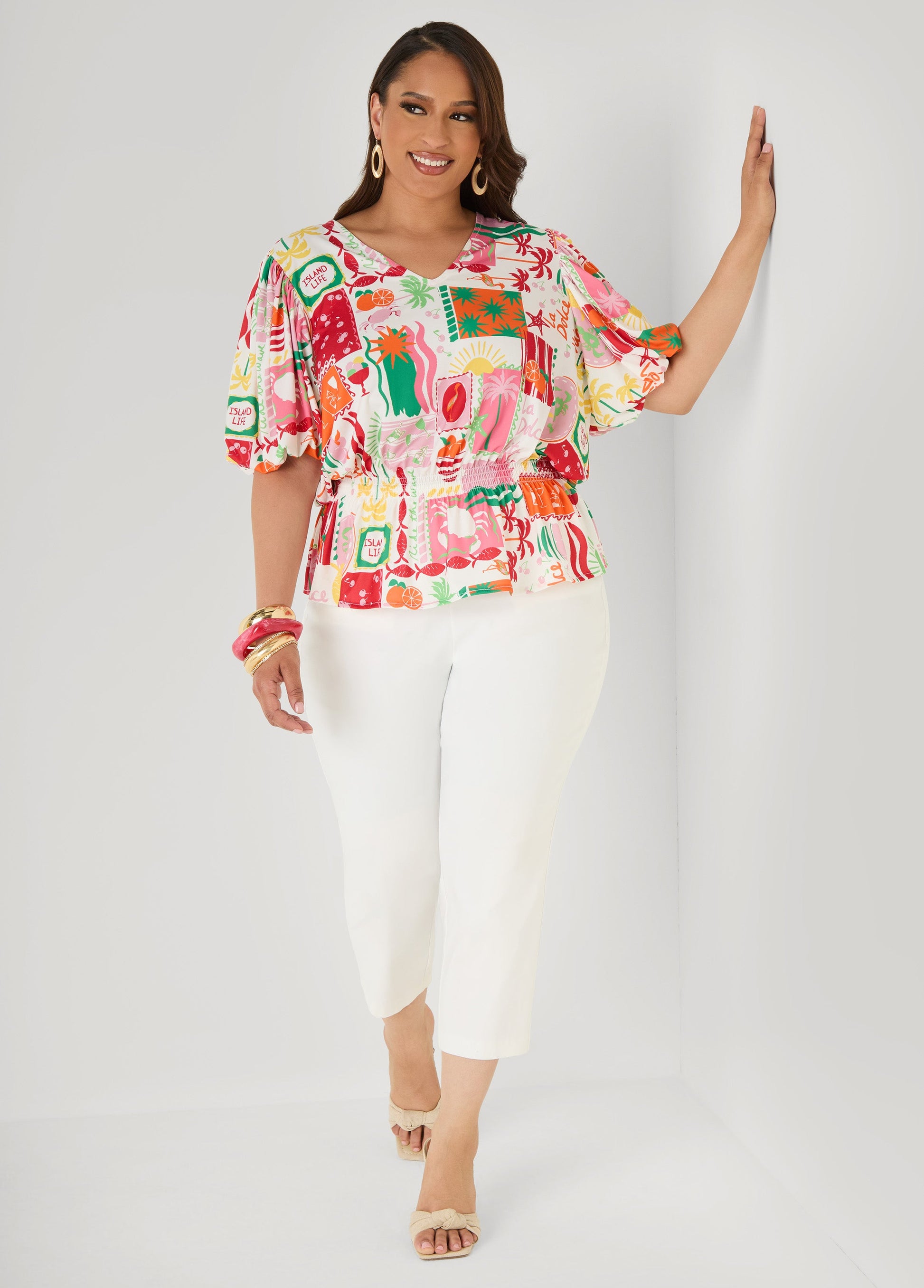 Ashley Stewart Island Print Bubble Sleeve Top Multi