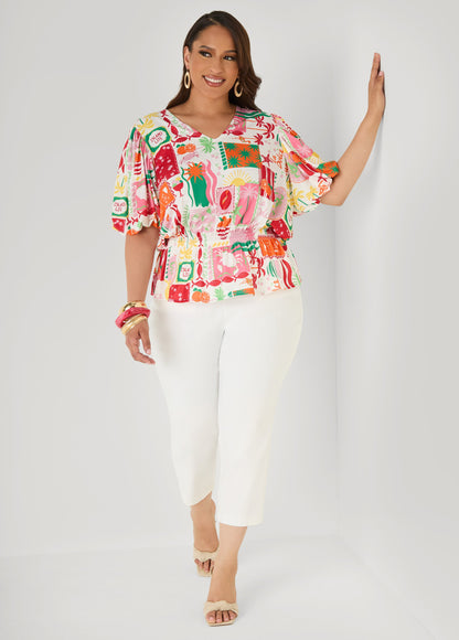 Ashley Stewart Island Print Bubble Sleeve Top Multi