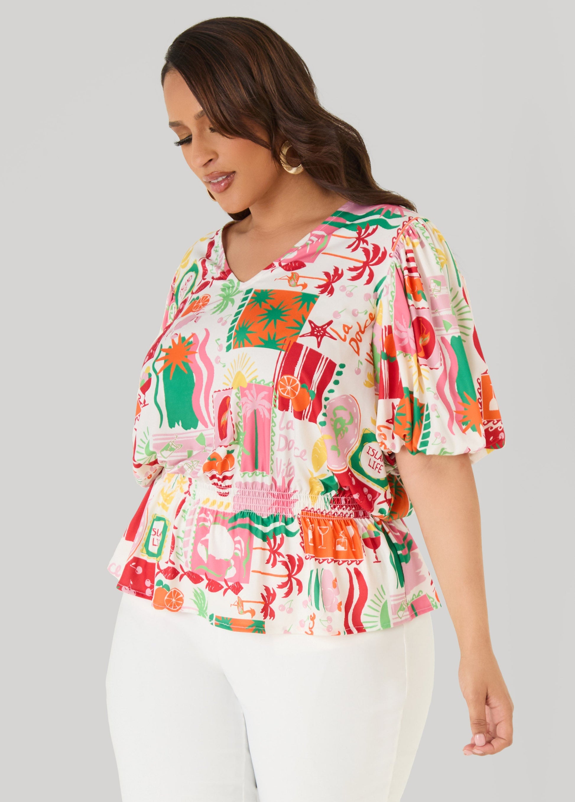 Ashley Stewart Island Print Bubble Sleeve Top Multi